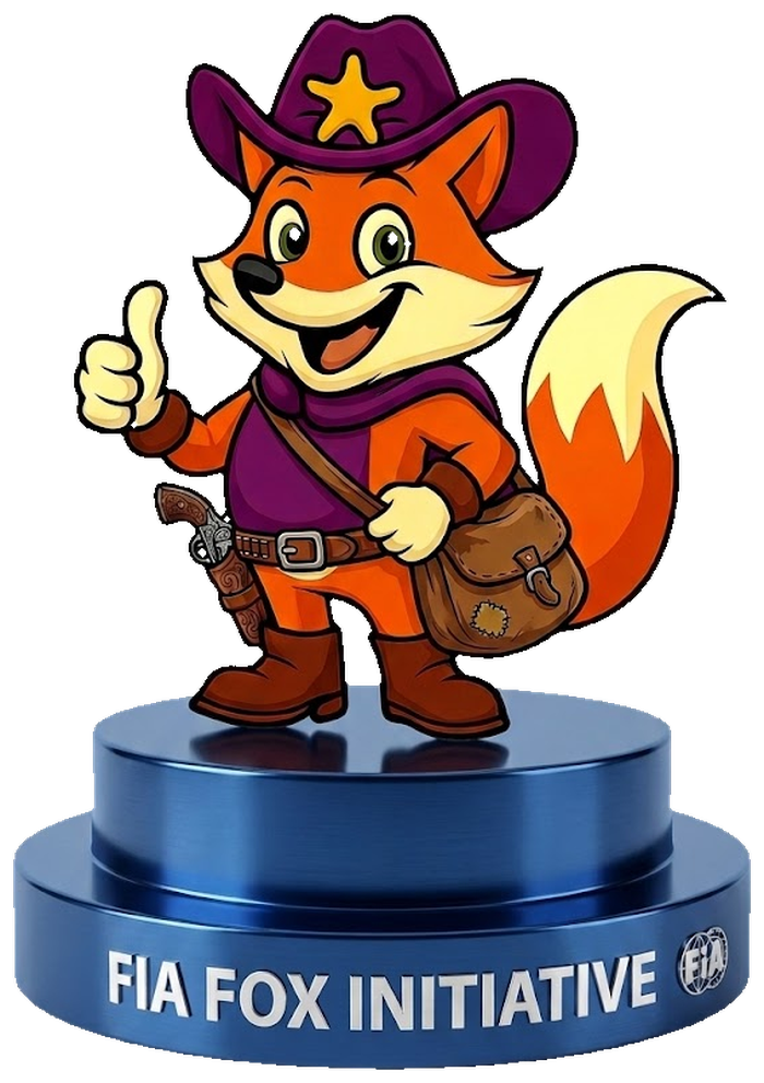 FIA FOX Maskottchen — Fuchs Sheriff mit Revolver auf FIA FOX INITIATIVE Sockel